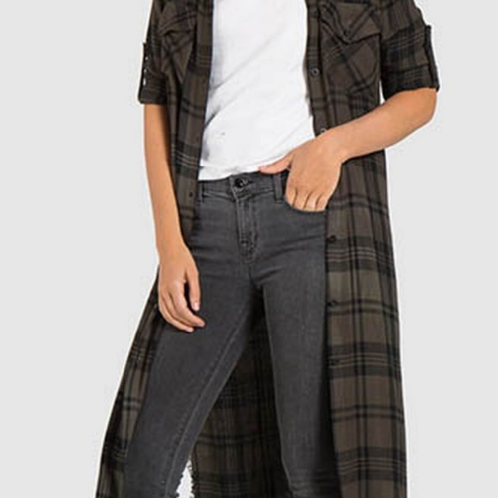 STUNNING Bella Dahl MAXI SHIRT FLANNEL GREEN BLACK RAW EDGE